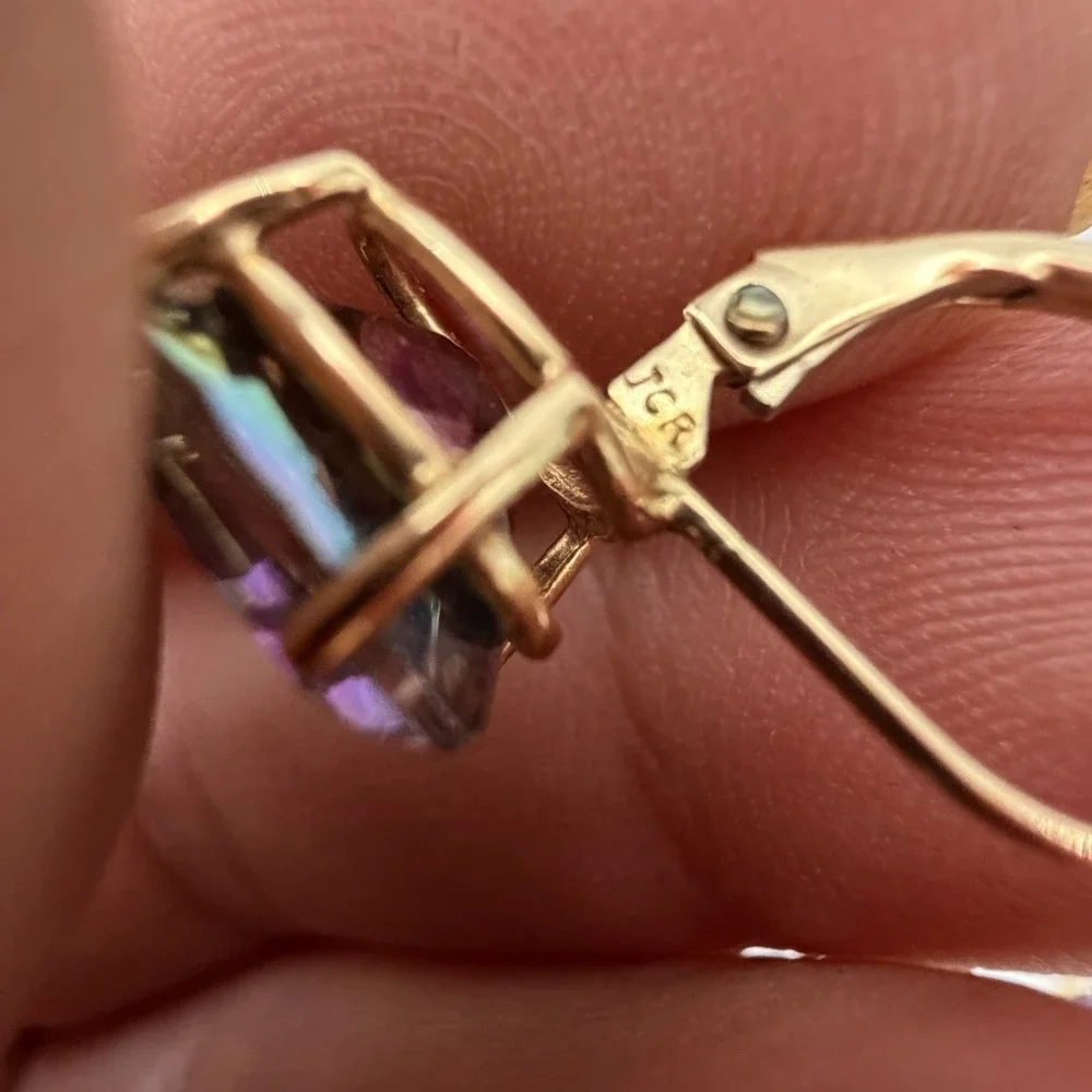 Designer 14K Yellow Gold Mystic Topaz Earrings Dangle Lever Back 8x10 Mm 2.84 Gr